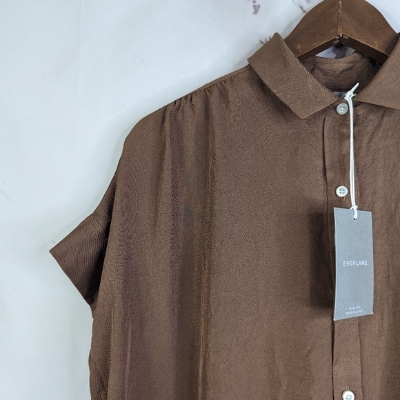 Everlane Shirt 00 2XS Women Brown Coco Button Up Short Sleeve Japanese Go Weave - Picture 4 of 16